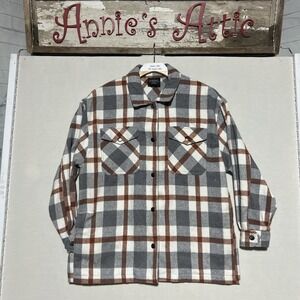 HFX Plaid Flannel Shacket Jacket Womens Medium M Grey Cream Rust Snap Button